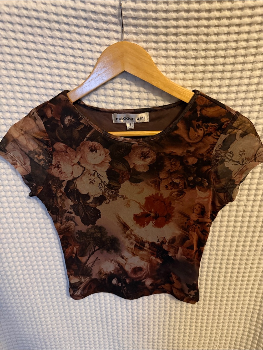 Madden Girl Brown Floral Sheer Mesh Crop Top